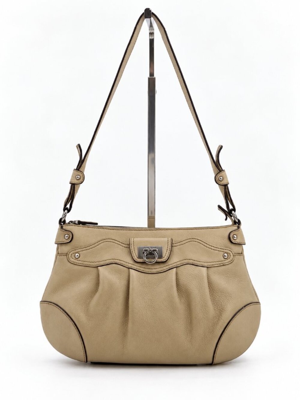 Salvatore Ferragamo Beige Leather Gancini Shoulder Bag Handbag